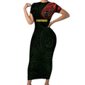 Personalized Penrith Panthers Short Sleeve Bodycon Dress Polynesian Tribal Chest and Sleeve Tattoo