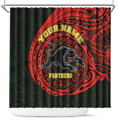Personalized Penrith Panthers Shower Curtain Polynesian Tribal Chest and Sleeve Tattoo
