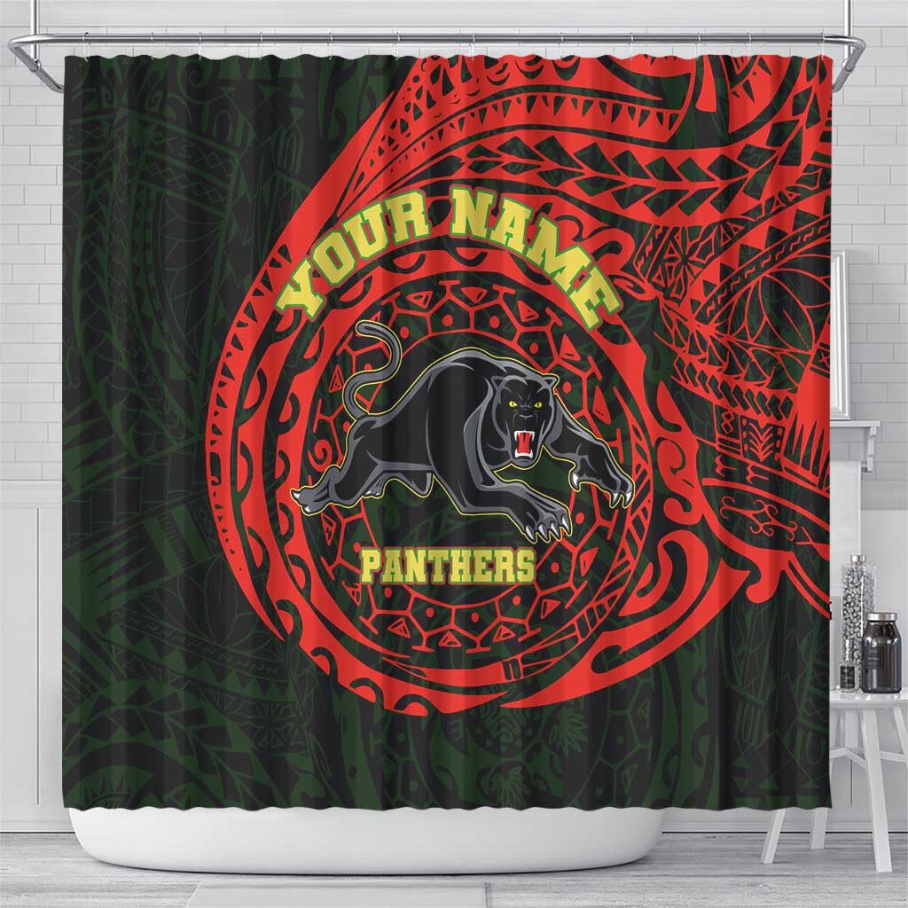 Personalized Penrith Panthers Shower Curtain Polynesian Tribal Chest and Sleeve Tattoo