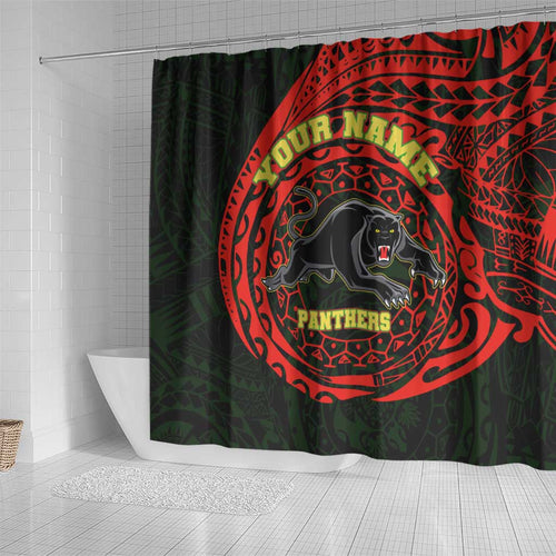 Personalized Penrith Panthers Shower Curtain Polynesian Tribal Chest and Sleeve Tattoo