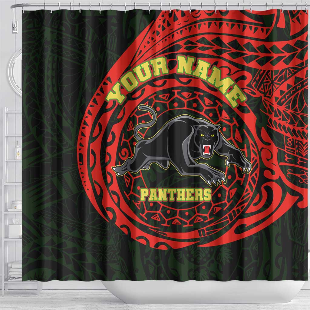 Personalized Penrith Panthers Shower Curtain Polynesian Tribal Chest and Sleeve Tattoo