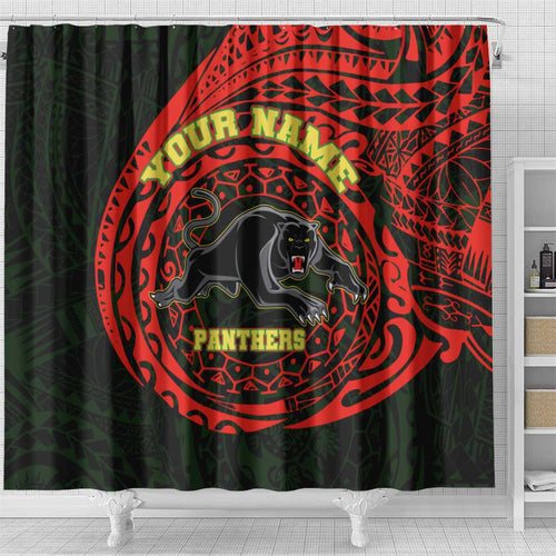 Personalized Penrith Panthers Shower Curtain Polynesian Tribal Chest and Sleeve Tattoo