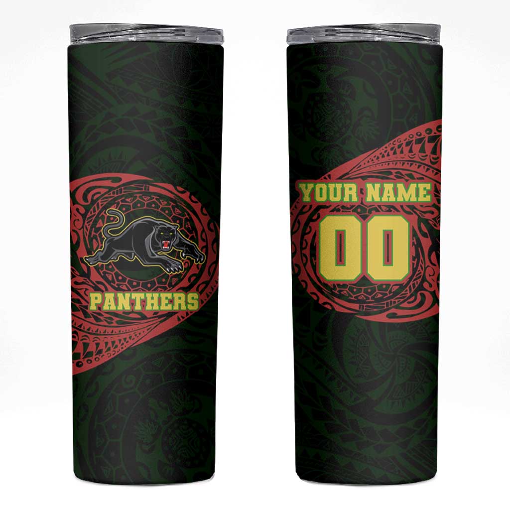 Personalized Penrith Panthers Skinny Tumbler Polynesian Tribal Chest and Sleeve Tattoo
