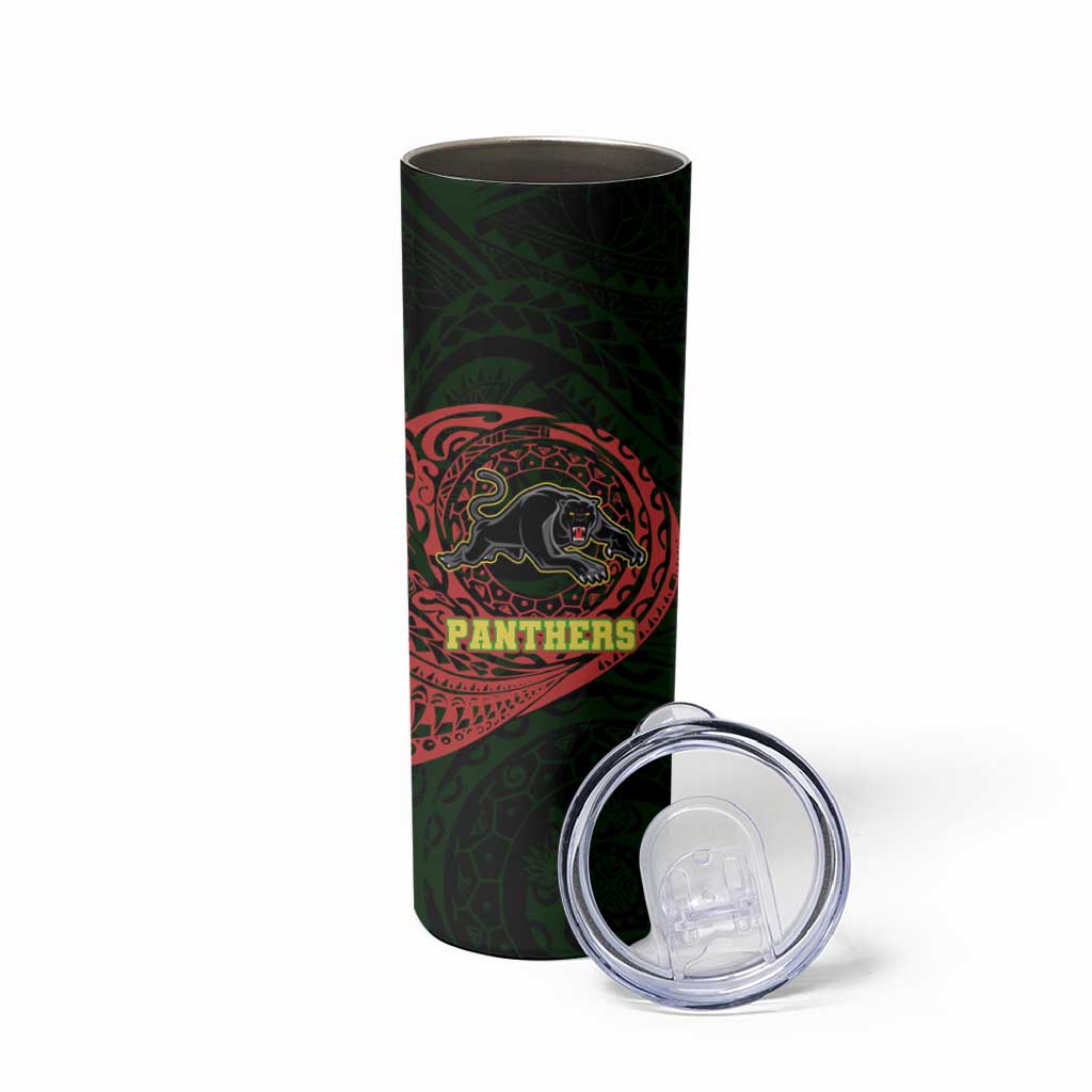 Personalized Penrith Panthers Skinny Tumbler Polynesian Tribal Chest and Sleeve Tattoo