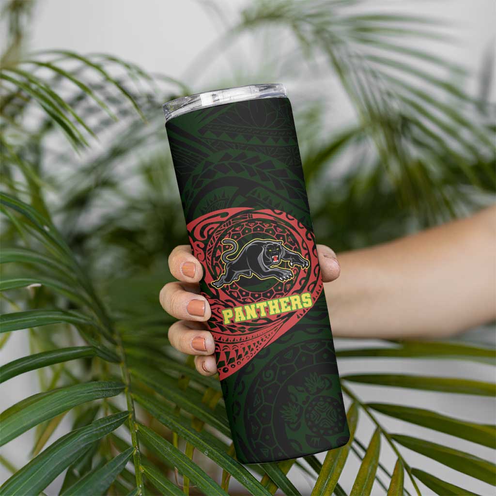 Personalized Penrith Panthers Skinny Tumbler Polynesian Tribal Chest and Sleeve Tattoo
