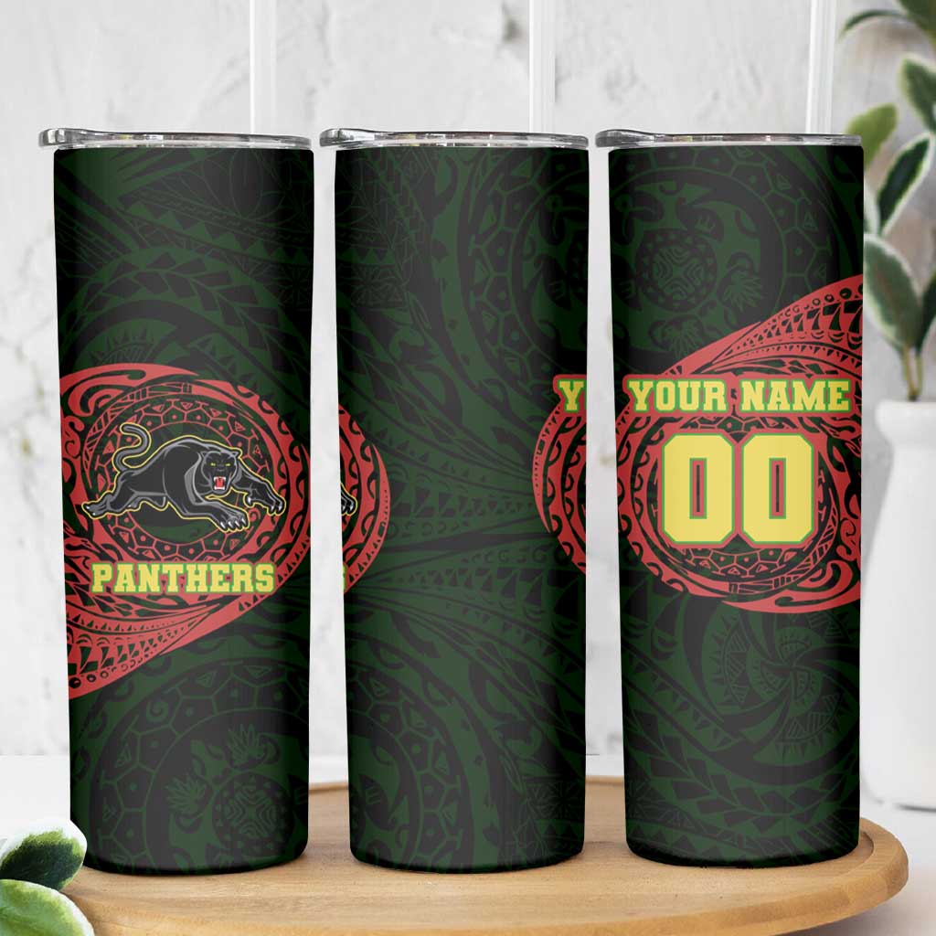 Personalized Penrith Panthers Skinny Tumbler Polynesian Tribal Chest and Sleeve Tattoo