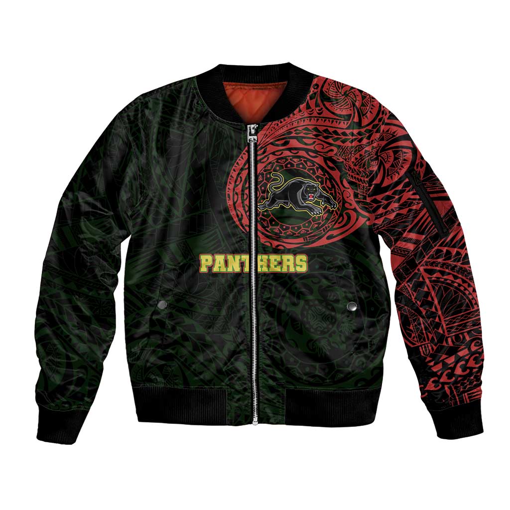 Personalized Penrith Panthers Sleeve Zip Bomber Jacket Polynesian Tribal Chest and Sleeve Tattoo