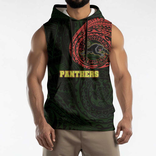 Personalized Penrith Panthers Sleeveless Hoodie Polynesian Tribal Chest and Sleeve Tattoo