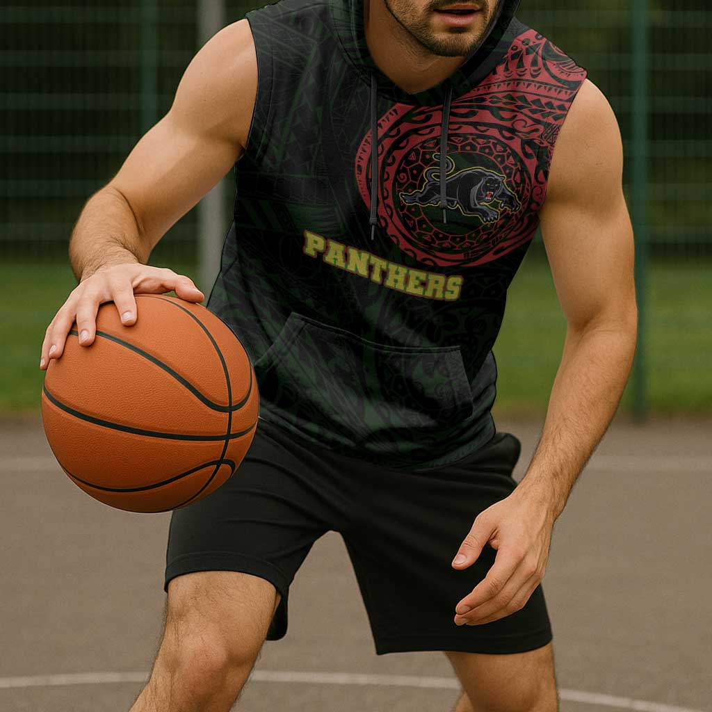 Personalized Penrith Panthers Sleeveless Hoodie Polynesian Tribal Chest and Sleeve Tattoo