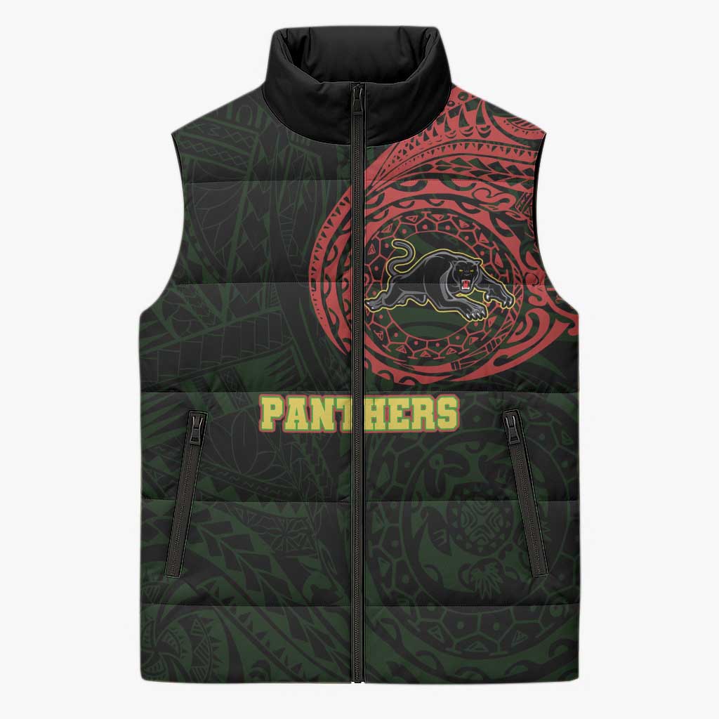 Personalized Penrith Panthers Sleeveless Puffer Jacket Polynesian Tribal Chest and Sleeve Tattoo