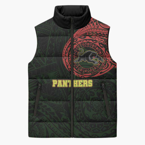 Personalized Penrith Panthers Sleeveless Puffer Jacket Polynesian Tribal Chest and Sleeve Tattoo