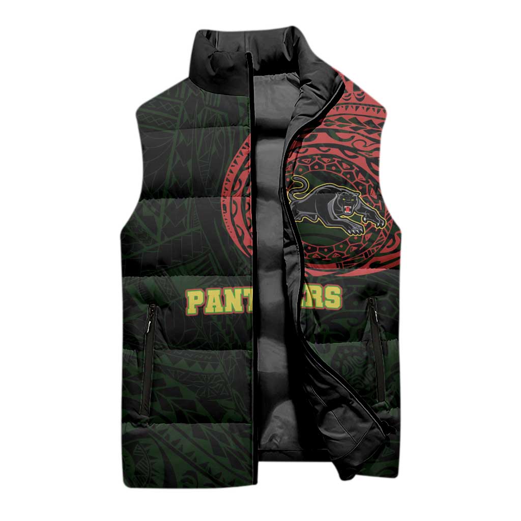 Personalized Penrith Panthers Sleeveless Puffer Jacket Polynesian Tribal Chest and Sleeve Tattoo