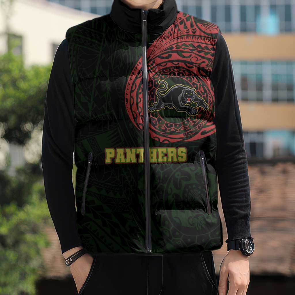 Personalized Penrith Panthers Sleeveless Puffer Jacket Polynesian Tribal Chest and Sleeve Tattoo