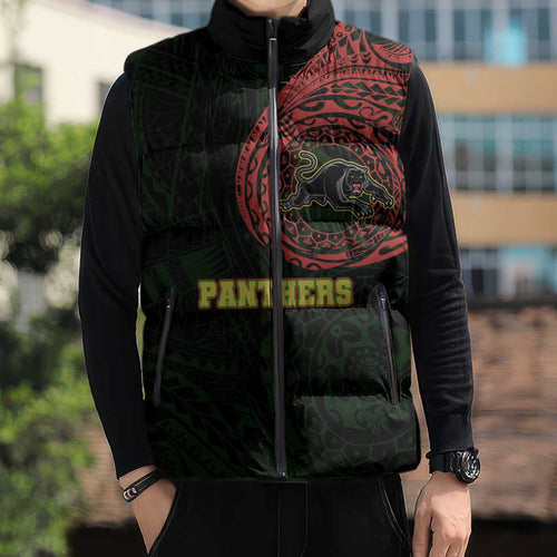 Personalized Penrith Panthers Sleeveless Puffer Jacket Polynesian Tribal Chest and Sleeve Tattoo