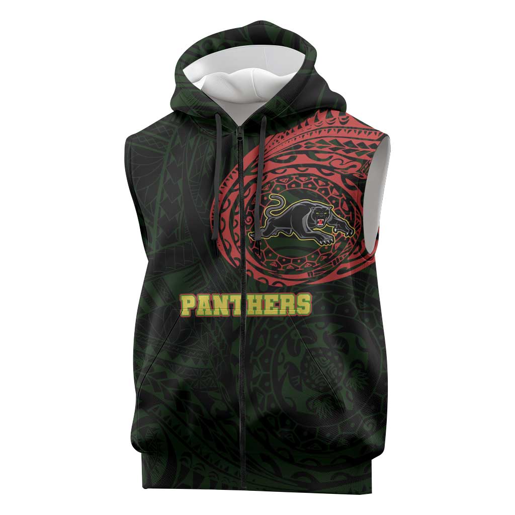 Personalized Penrith Panthers Sleeveless Zip Hoodie Polynesian Tribal Chest and Sleeve Tattoo