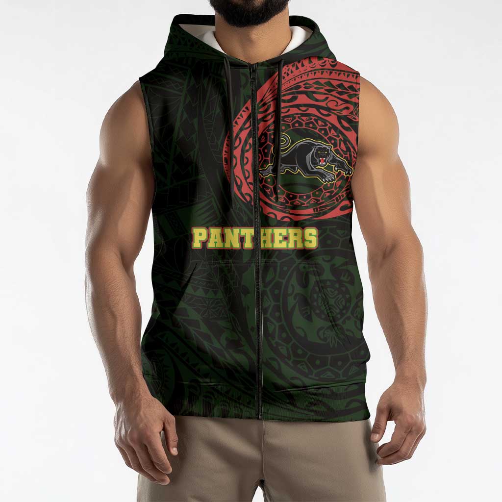 Personalized Penrith Panthers Sleeveless Zip Hoodie Polynesian Tribal Chest and Sleeve Tattoo
