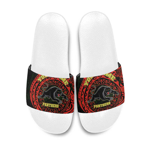 Personalized Penrith Panthers Slide Sandals Polynesian Tribal Chest and Sleeve Tattoo