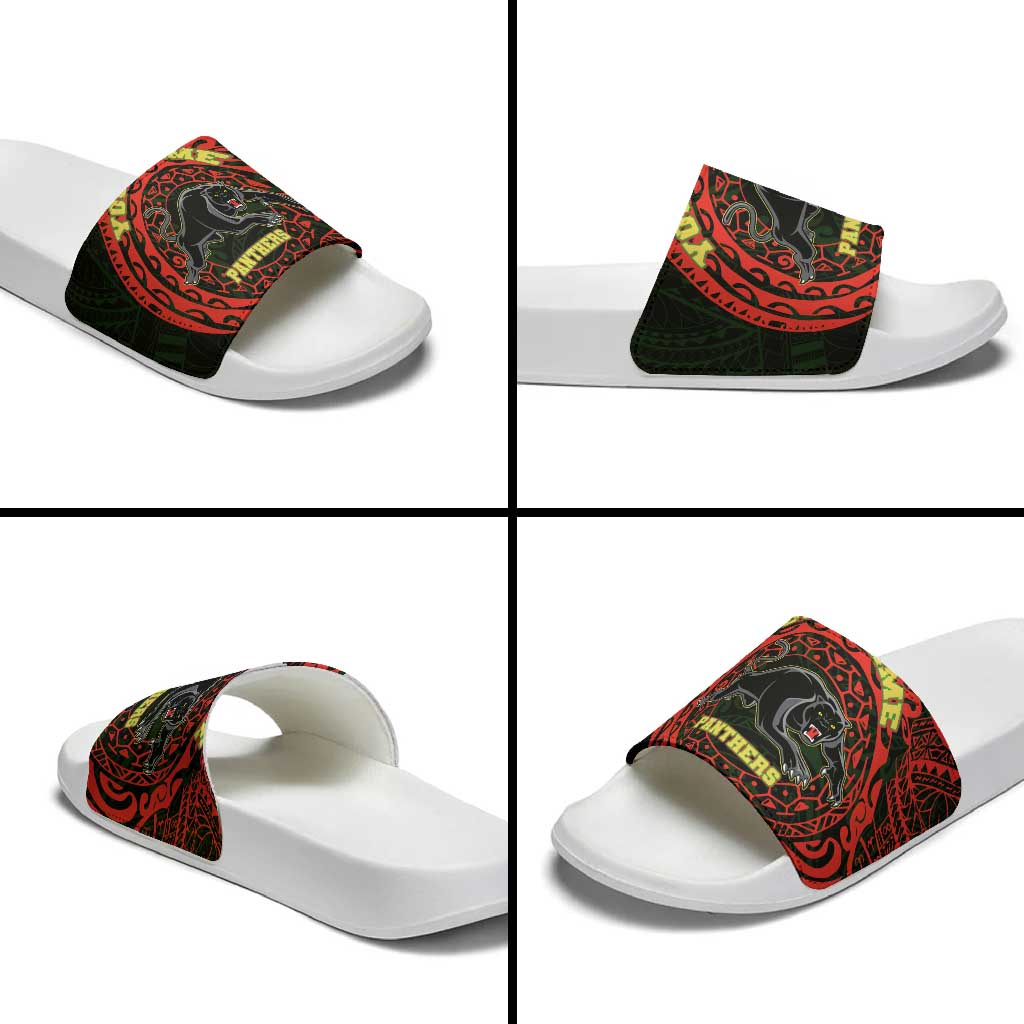 Personalized Penrith Panthers Slide Sandals Polynesian Tribal Chest and Sleeve Tattoo