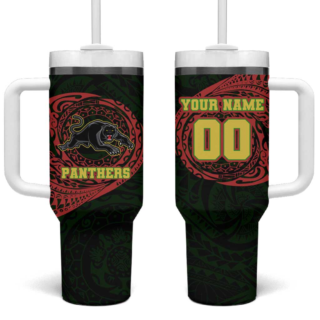 Personalized Penrith Panthers Tumbler With Handle Polynesian Tribal Chest and Sleeve Tattoo
