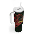 Personalized Penrith Panthers Tumbler With Handle Polynesian Tribal Chest and Sleeve Tattoo