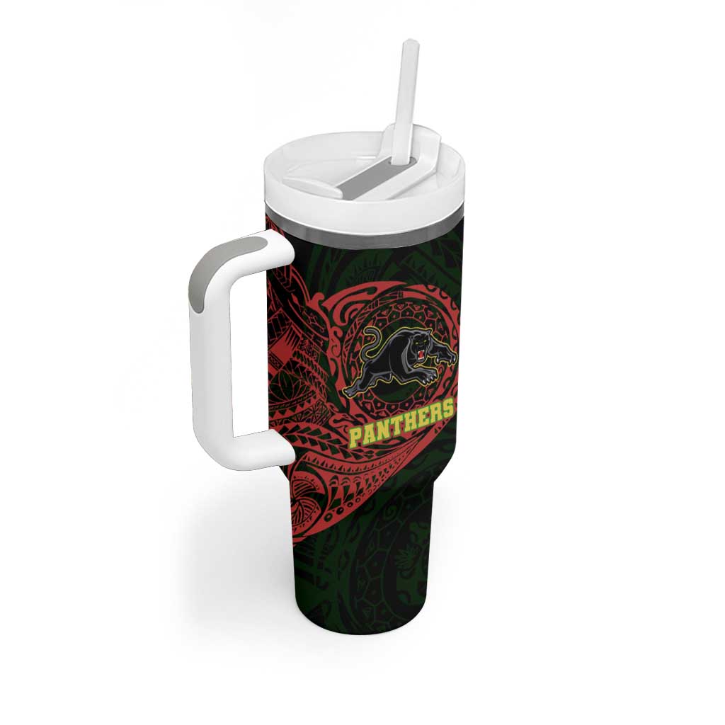 Personalized Penrith Panthers Tumbler With Handle Polynesian Tribal Chest and Sleeve Tattoo