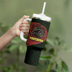Personalized Penrith Panthers Tumbler With Handle Polynesian Tribal Chest and Sleeve Tattoo