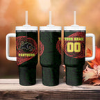 Personalized Penrith Panthers Tumbler With Handle Polynesian Tribal Chest and Sleeve Tattoo