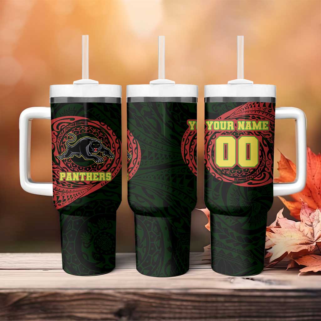 Personalized Penrith Panthers Tumbler With Handle Polynesian Tribal Chest and Sleeve Tattoo
