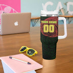 Personalized Penrith Panthers Tumbler With Handle Polynesian Tribal Chest and Sleeve Tattoo