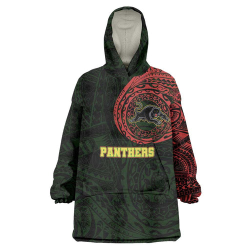 Personalized Penrith Panthers Wearable Blanket Hoodie Polynesian Tribal Chest and Sleeve Tattoo