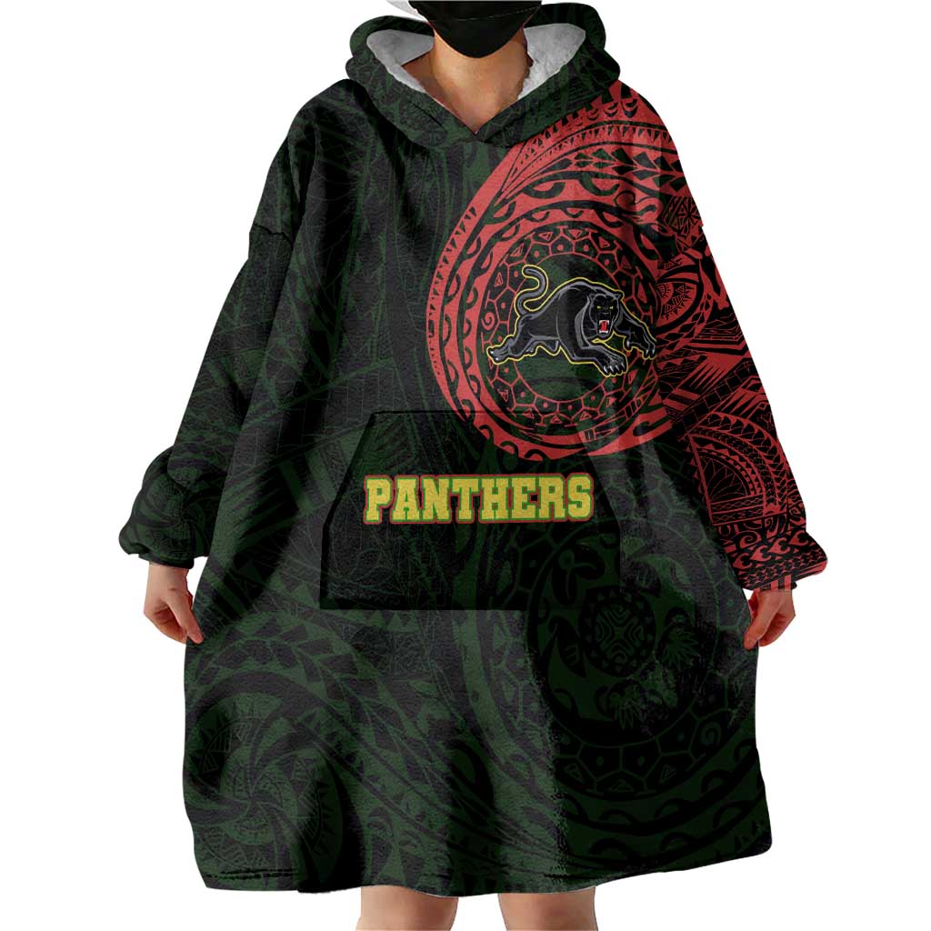 Personalized Penrith Panthers Wearable Blanket Hoodie Polynesian Tribal Chest and Sleeve Tattoo