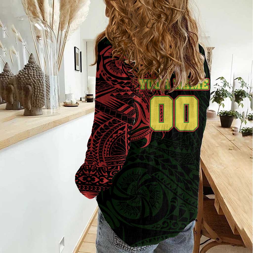 Personalized Penrith Panthers Women Casual Shirt Polynesian Tribal Chest and Sleeve Tattoo