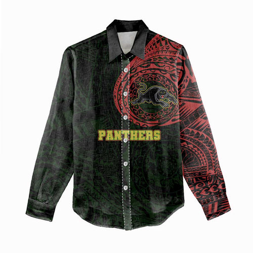 Personalized Penrith Panthers Women Casual Shirt Polynesian Tribal Chest and Sleeve Tattoo
