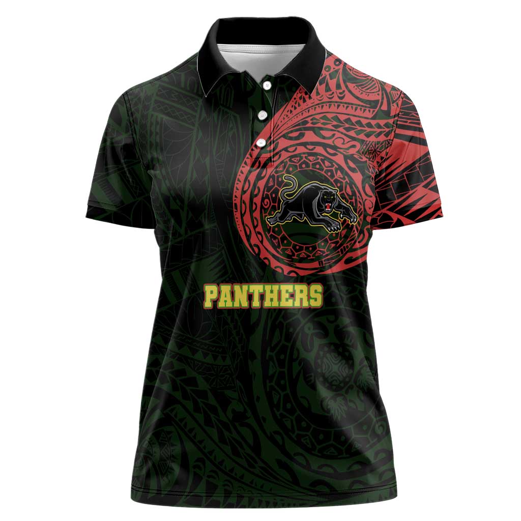 Personalized Penrith Panthers Women Polo Shirt Polynesian Tribal Chest and Sleeve Tattoo
