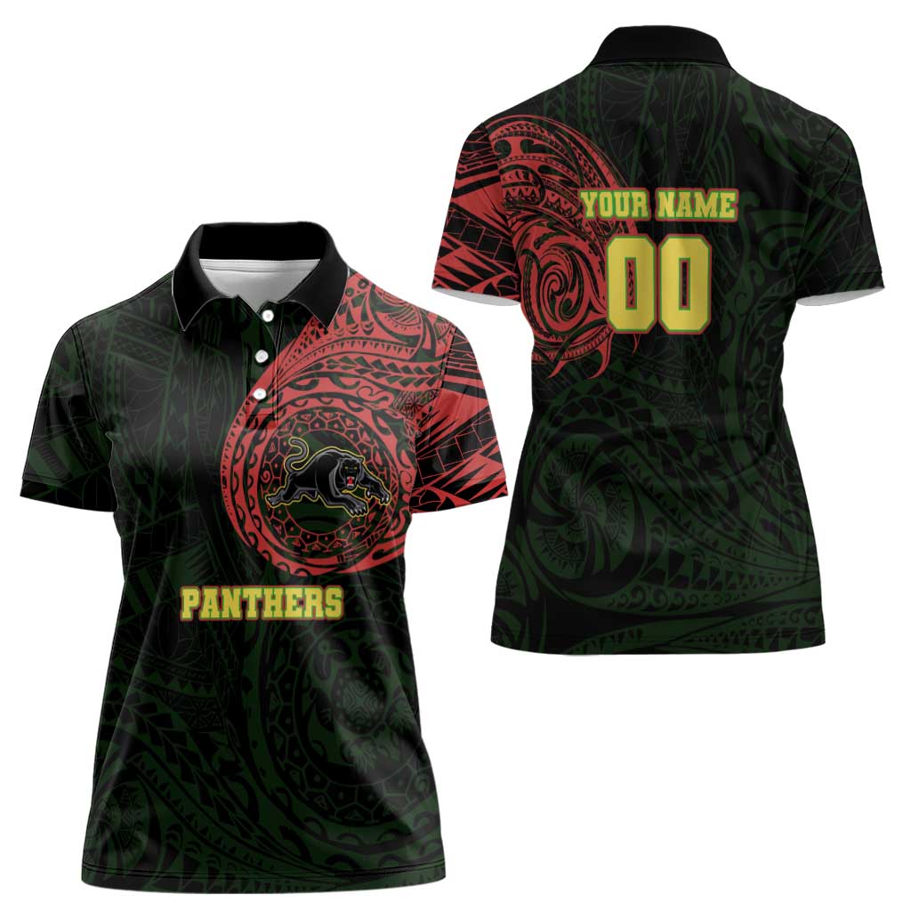 Personalized Penrith Panthers Women Polo Shirt Polynesian Tribal Chest and Sleeve Tattoo