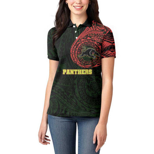 Personalized Penrith Panthers Women Polo Shirt Polynesian Tribal Chest and Sleeve Tattoo