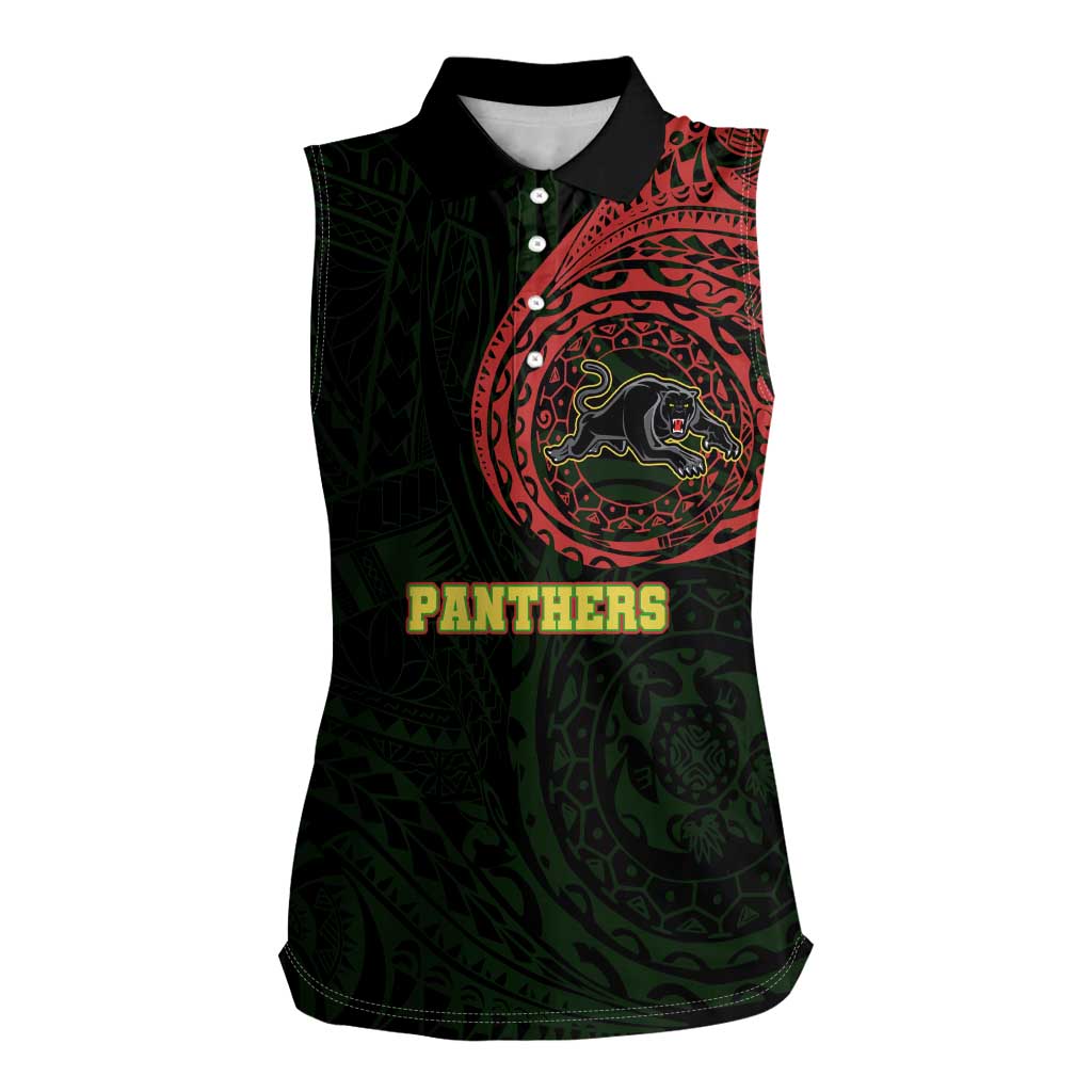 Personalized Penrith Panthers Women Sleeveless Polo Shirt Polynesian Tribal Chest and Sleeve Tattoo