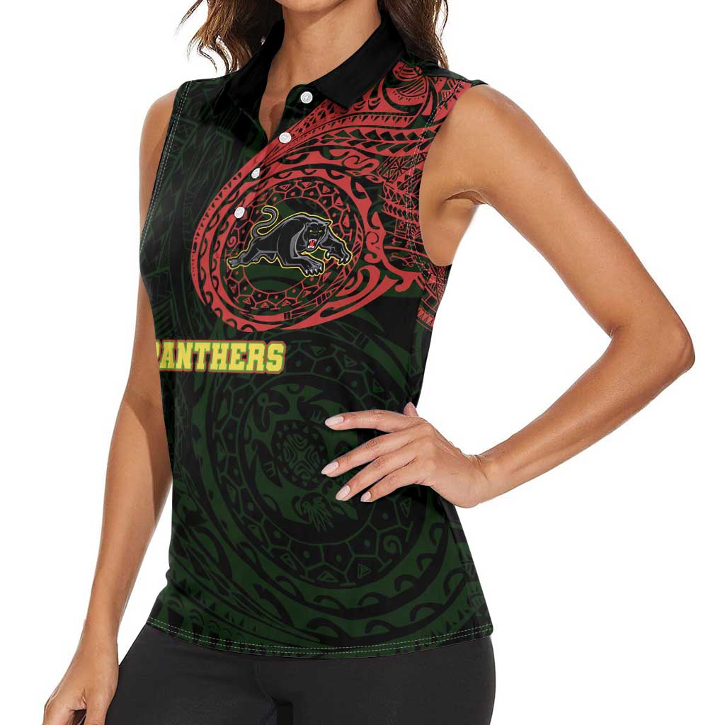 Personalized Penrith Panthers Women Sleeveless Polo Shirt Polynesian Tribal Chest and Sleeve Tattoo