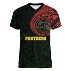 Personalized Penrith Panthers Women V-Neck T-Shirt Polynesian Tribal Chest and Sleeve Tattoo
