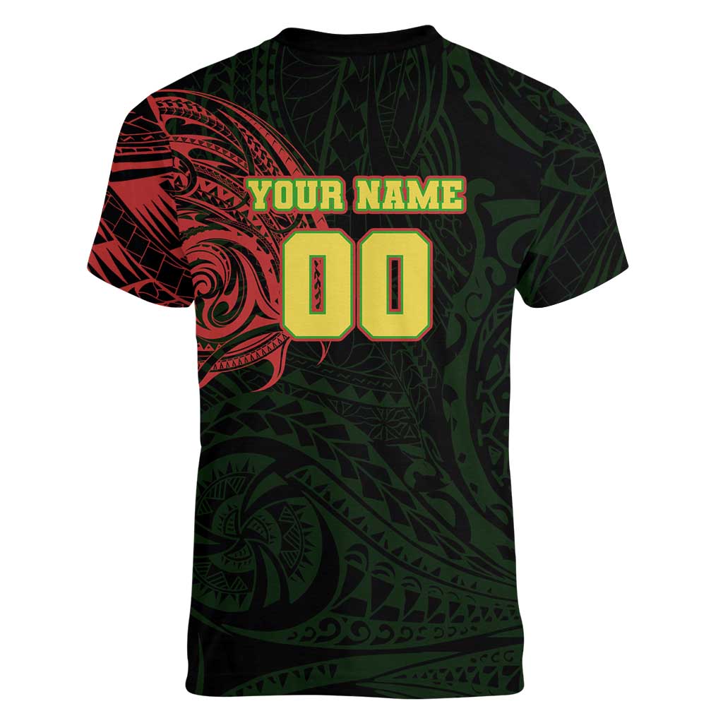 Personalized Penrith Panthers Women V-Neck T-Shirt Polynesian Tribal Chest and Sleeve Tattoo