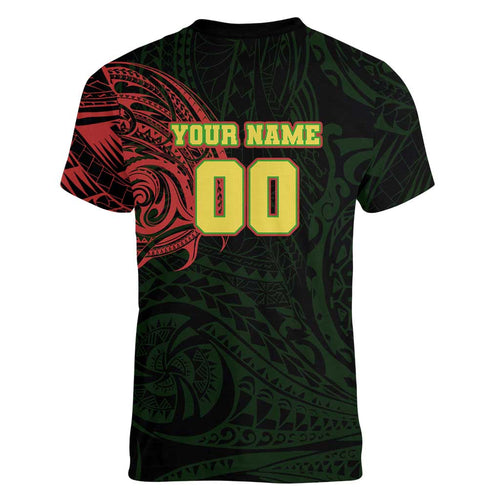 Personalized Penrith Panthers Women V-Neck T-Shirt Polynesian Tribal Chest and Sleeve Tattoo