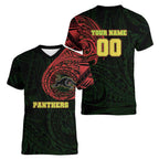 Personalized Penrith Panthers Women V-Neck T-Shirt Polynesian Tribal Chest and Sleeve Tattoo