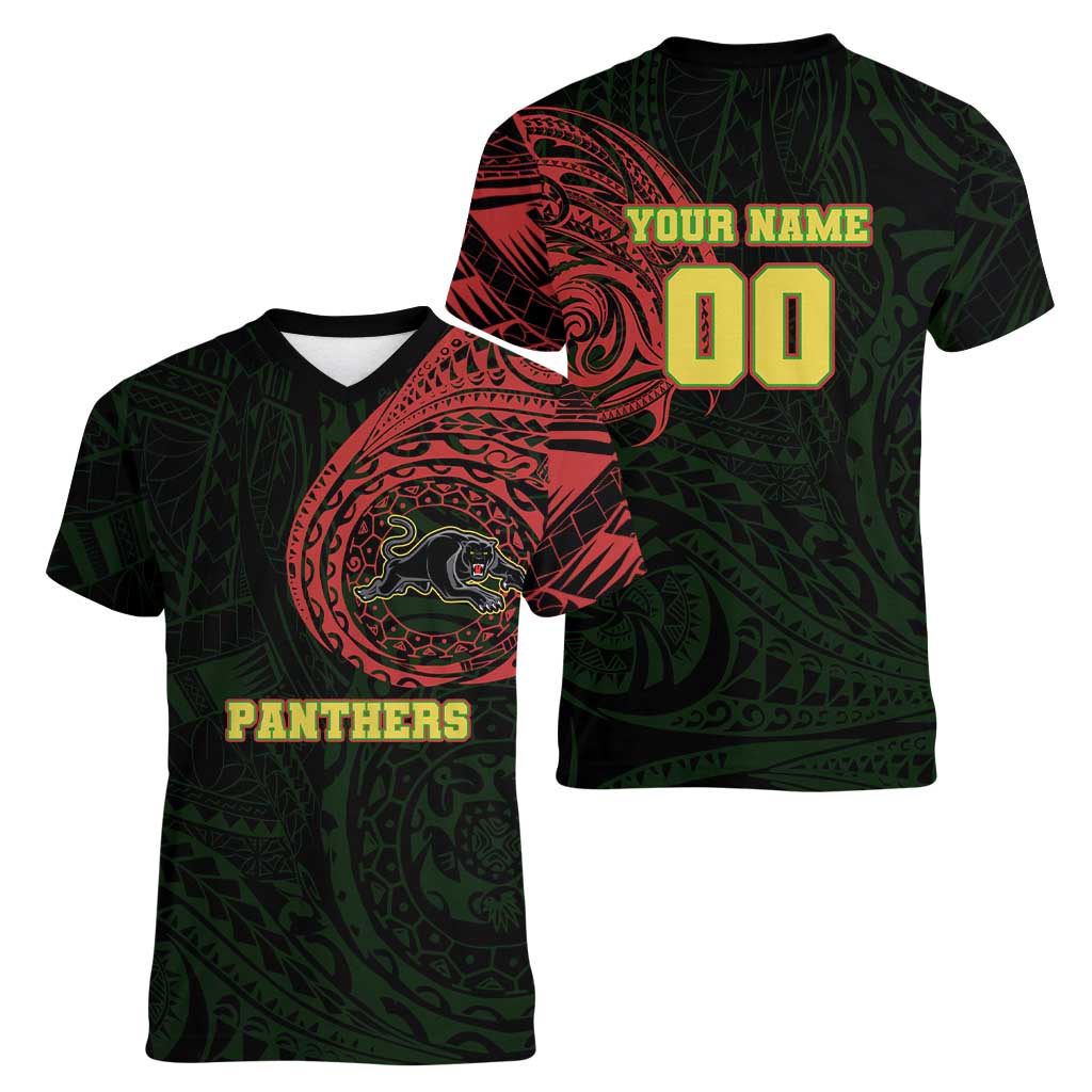 Personalized Penrith Panthers Women V-Neck T-Shirt Polynesian Tribal Chest and Sleeve Tattoo