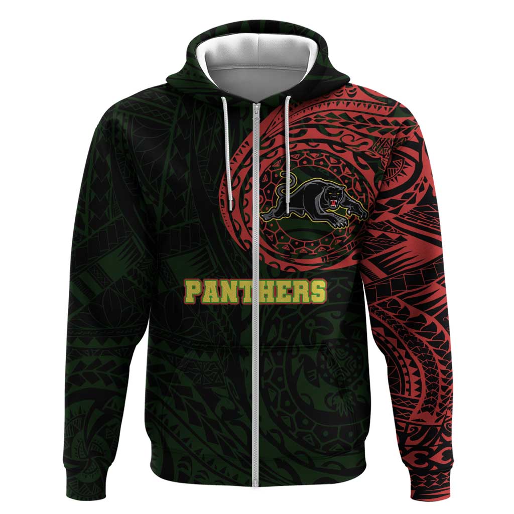 Personalized Penrith Panthers Zip Hoodie Polynesian Tribal Chest and Sleeve Tattoo