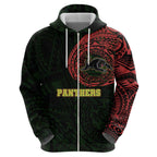 Personalized Penrith Panthers Zip Hoodie Polynesian Tribal Chest and Sleeve Tattoo