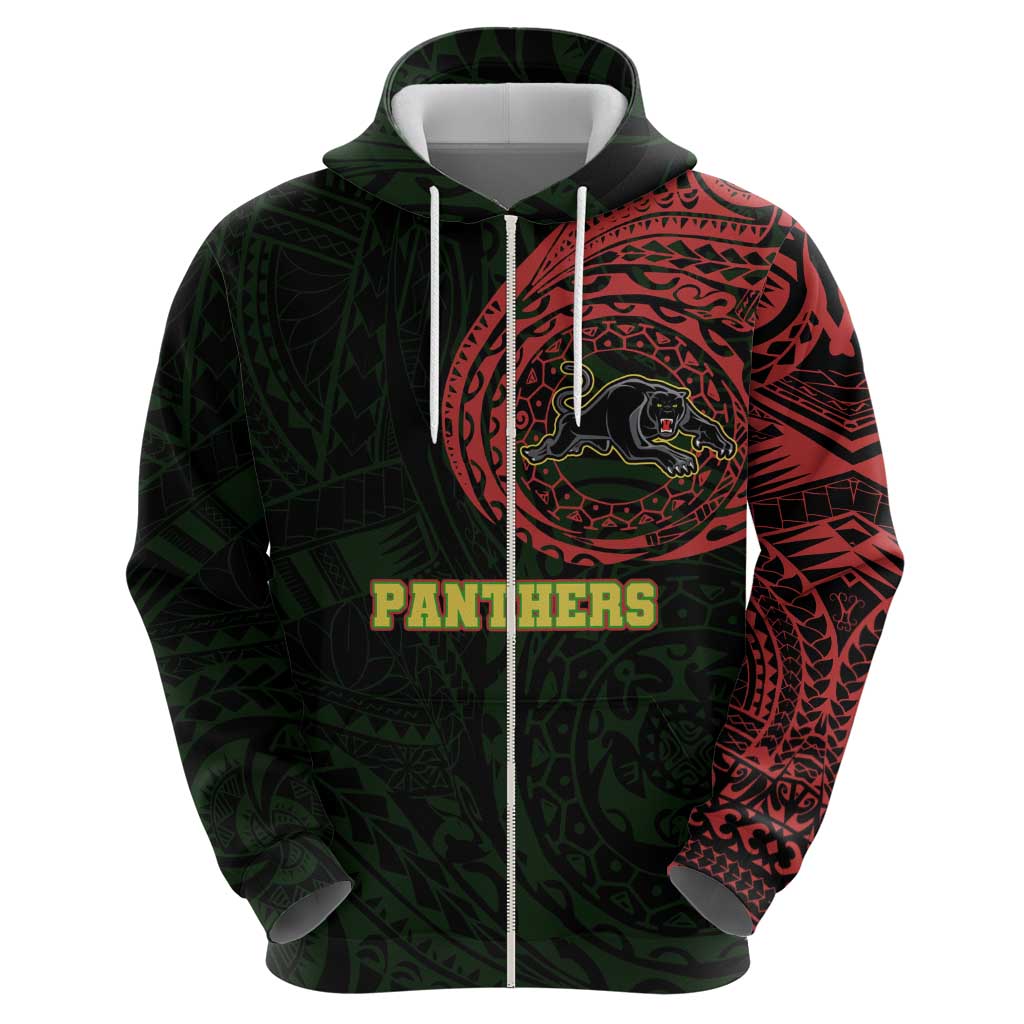 Personalized Penrith Panthers Zip Hoodie Polynesian Tribal Chest and Sleeve Tattoo