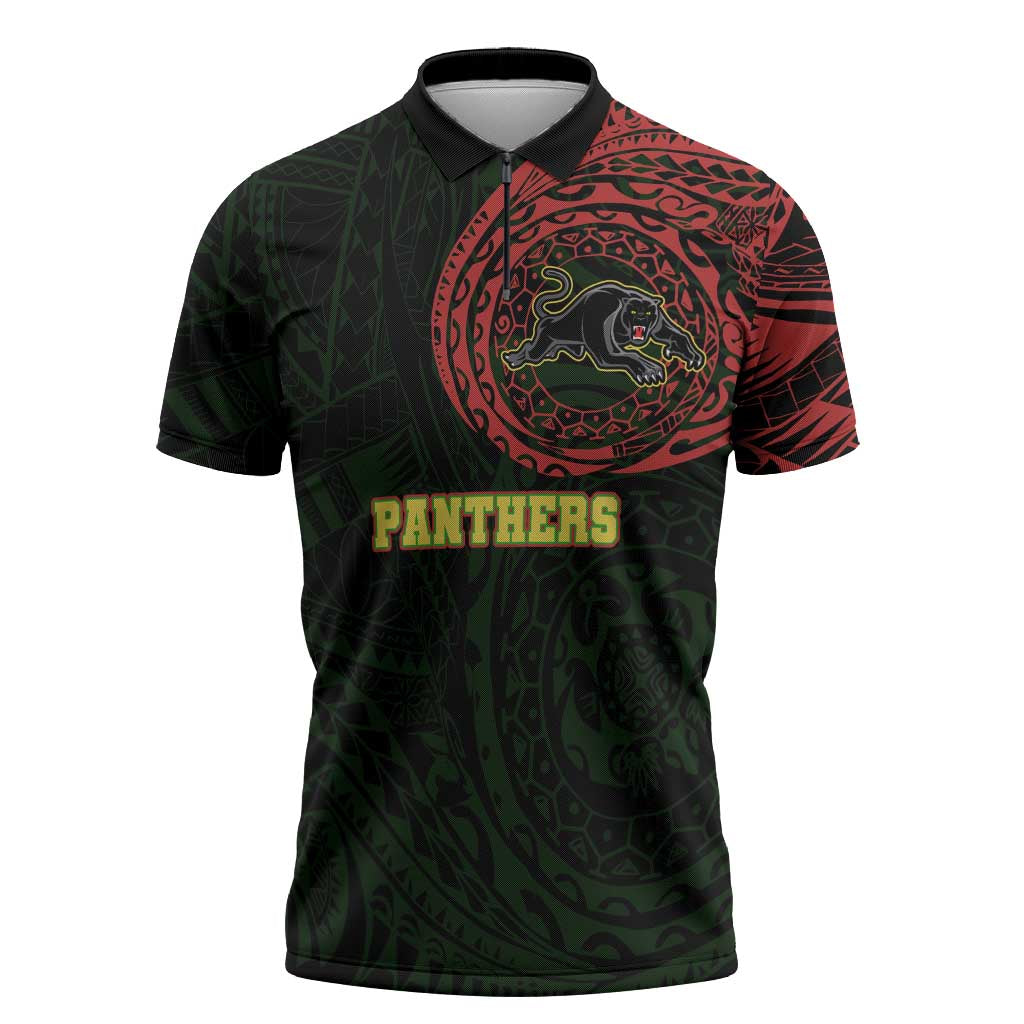 Personalized Penrith Panthers Zipper Polo Shirt Polynesian Tribal Chest and Sleeve Tattoo