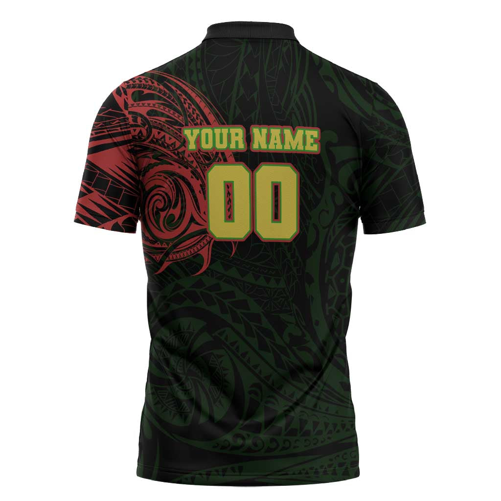 Personalized Penrith Panthers Zipper Polo Shirt Polynesian Tribal Chest and Sleeve Tattoo