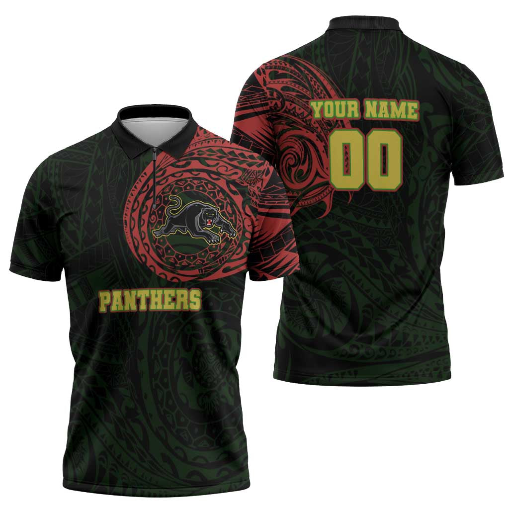 Personalized Penrith Panthers Zipper Polo Shirt Polynesian Tribal Chest and Sleeve Tattoo