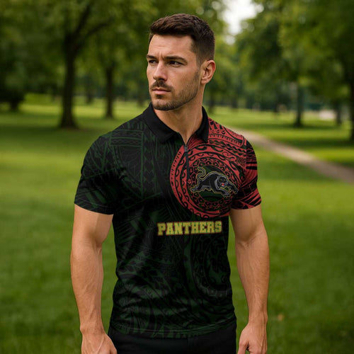 Personalized Penrith Panthers Zipper Polo Shirt Polynesian Tribal Chest and Sleeve Tattoo